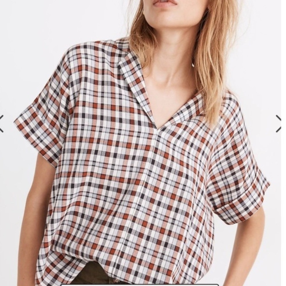 Madewell Courier Button-Back Shirt XXS Plaid Rust Navy Cream Notch Collar Top